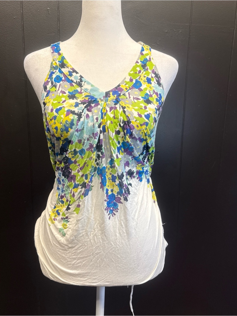 Floral V-Neck Sleeveless Tank Top - White with Blue, Green & Purple Print